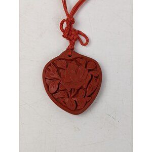 Vintage Cinnabar Carved Floral Heart Pendant Necklace